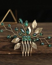 1pc Women Gold -tone Leaf Bridal Hair Comb With Emerald Green Crystal