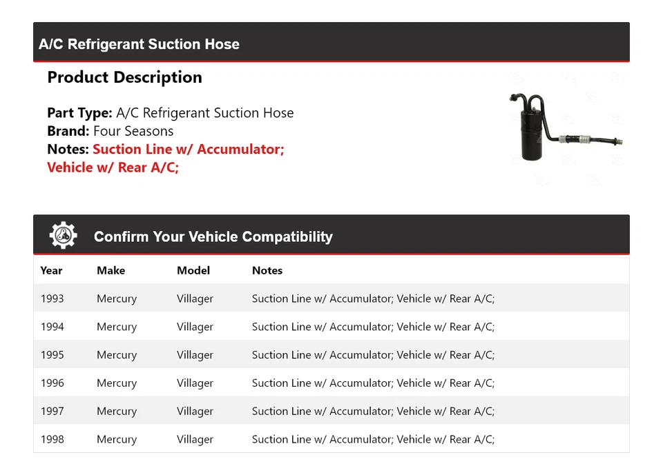 Manguera de succión de refrigerante aire acondicionado Mercury Villager 1993-1998 4 estaciones 1994 1995 Foto 2 de 4