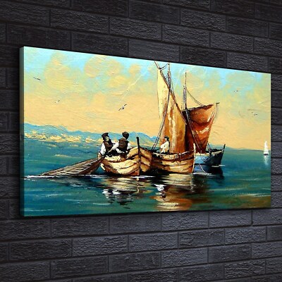 Canvas Wandbild Leinwand Bilder 140x70 Fischer Schiffe Boot Meer Landschaft