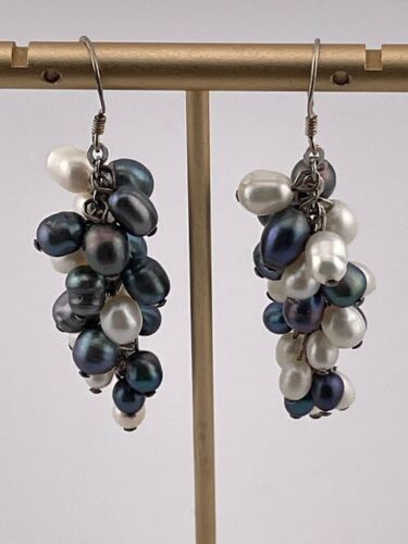 925 STERLING SILVER FRESHWATER WHITE/ BLACK PEACOCK PEARLS CLUSTER EARRINGS 2."