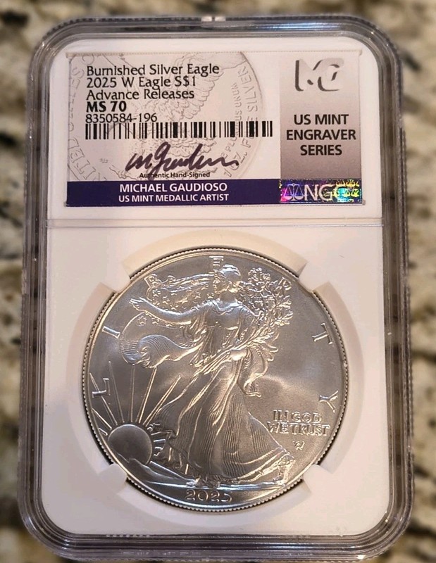 2025 W BURNISHED SILVER EAGLE NGC MS70 GAUDIOSO ENGRAVER SERIES ADVANCE RELEASE