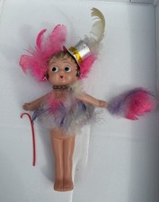 VTG 1940s Carnival Kewpie Celluloid Doll in Feather Costume w/ Top hat  Cane