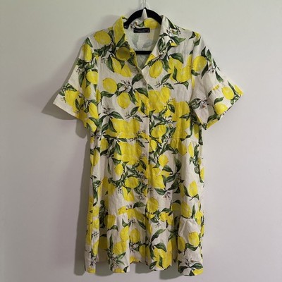 FRANCESCA BETTINI Short Sleeve Lemon Print Dress Size M Made in Italy Ruffles