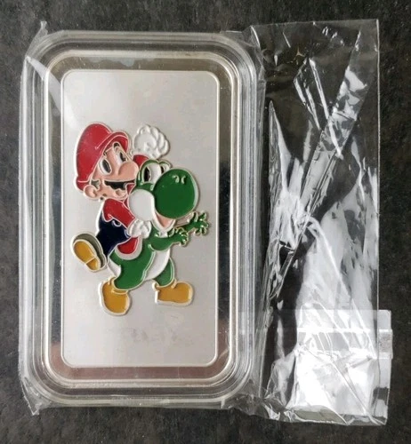 Bullion Traders 1oz Silver Enamelled Mario and Yoshi Bar in a Capsule