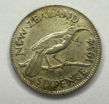 1934 New Zealand Six 6 Pence Coin, Silver 0.5, 19.3mm, VF Very Fine
