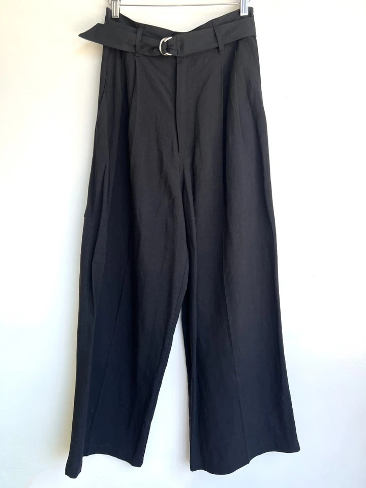 Pantalón KALLMEYER Negro Cinturón Plisado Fluido Pierna Ancha Grande Lino 4