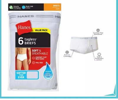 Hanes Briefs Men's Underwear Tagless White Comfort Flex Wicking 2XL 6-Pack