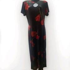 Vintage Algo Dress UK 12 Black velvet with red flower Long Bodycon VGC