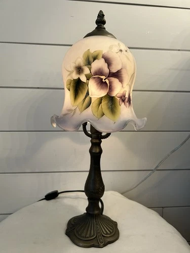 VTG Tiffany Style Lamp Floral Bell Shade 17” Ornate Bronze Stem Hand Painted