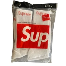 Supreme X Hanes Crew Socks 4 Pairs 8 Socks Cushion White Size 6-12 Authentic New
