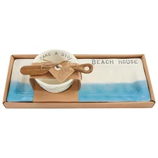 Appetizer Ceramic Plate, Bowl & Wooden Boat Oar Spreader Beach House Mud Pie NEW