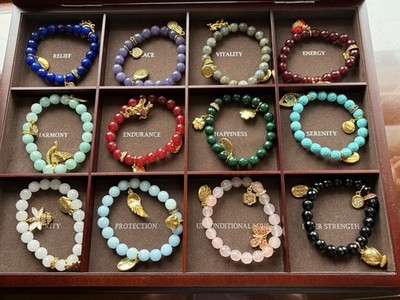 Danbury Mint Nature's Harmony Genuine Gemstone 12 Charm Bracelets W/ Wood Case