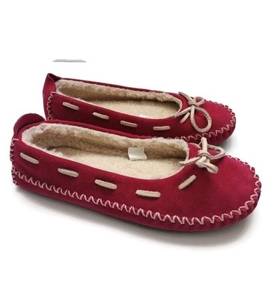 LL Bean Hearthside Leather Red Slippers Women Suede Moccasins Shoes Size 5M