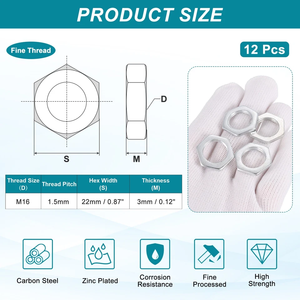M16x1.5x3mm Sechskantmuttern 12Pcs Stahl 22mm Breite - Bild 2 von 4