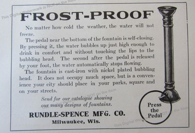 1917 Ad * City Street Water FOUNTAINS Frost Proof Rundle-Spence Mfg Milwaukee WI