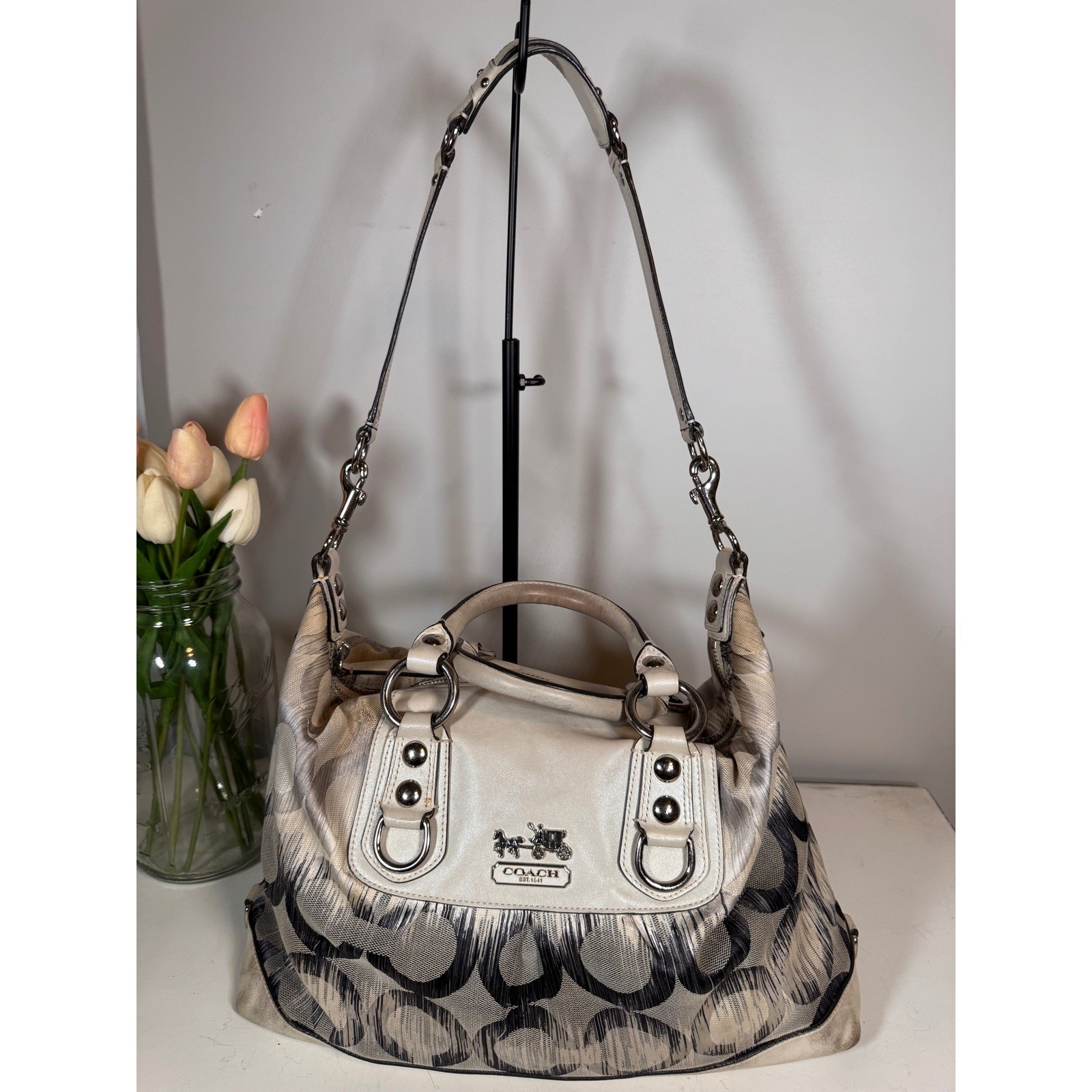 Coach Madison Op Art Ikat Sabrina Satchel Bag Pearl/Blue/Silver 13584 image 9