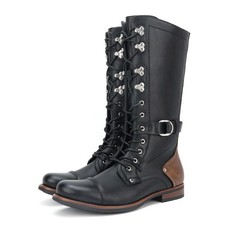 Motorcycle Men's Faux Leather Mid Calf Boots Lace Up Shoes Knight Buckle Retro