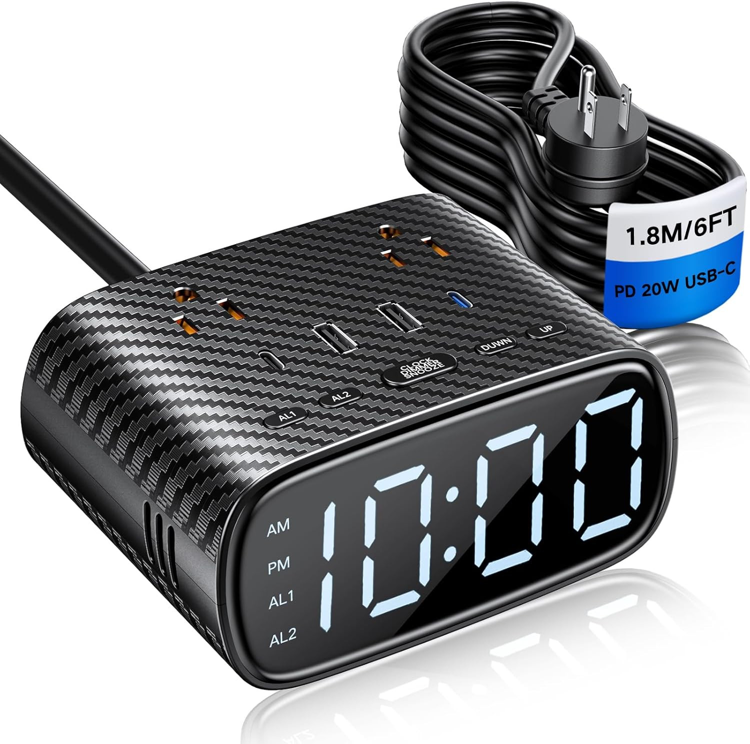 Digital Alarm Clock with 20W USB C Ports, Dual Alarm Clock Power Strip with 2 AC