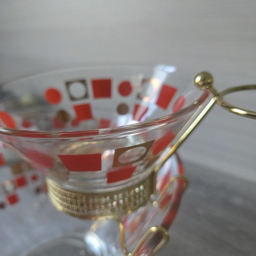 MCM Vtg Anchor Hocking Shrimp Dip 3 Tier Chip Bowl Set Geometric Red Gold 4 Pc - Picture 14 of 20