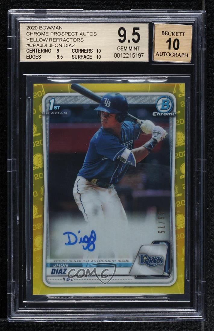 2020 Bowman Chrome Prospects Yellow Refractor 65/75 Jhon Diaz BGS 9.5 Auto 10