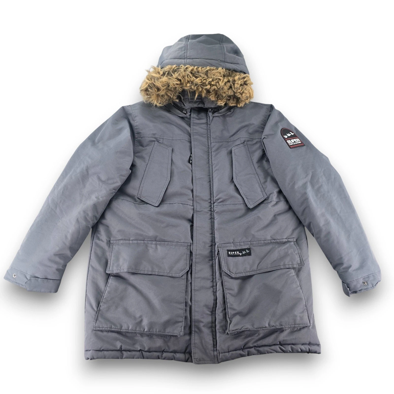 Super Triple Goose Mens XL Grey Parka Jacket Hooded Faux Fur Trim Winter Warm