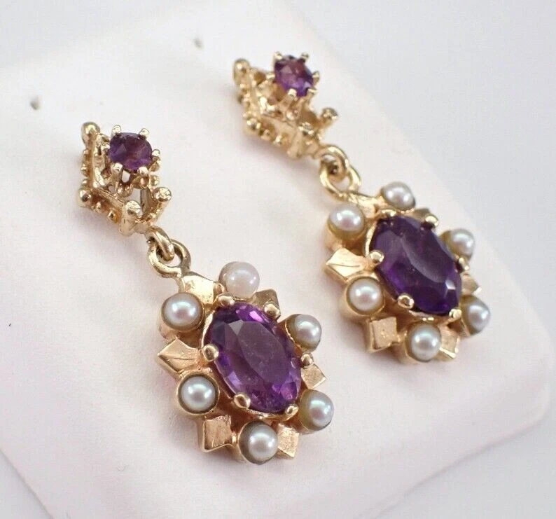 Delicate Dangle Earring 14K Yellow Gold Plated 2Ct Oval Cut Lab-Created Amethyst - Image 2 of 4