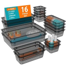 16PCS Clear Plastic Drawer Organizer Set 4 Sizes Desk Storage Trays for Makeup