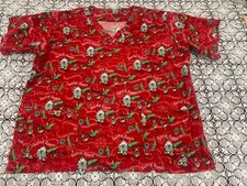 Uniform Advantage UA Scrub Top Medium XL Surfin' Santa Reindeer Christmas Red