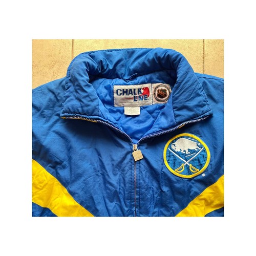 Buffalo Sabres 90s Chalk Line puffer jacket zip L blue yellow NHL hockey vintage - Picture 3 of 9