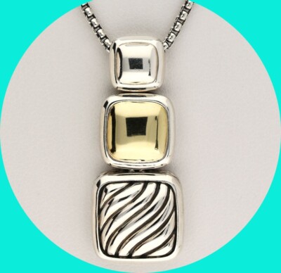 David Yurman Sculpted Cable Square Pendant Necklace 925 18K+Pouch