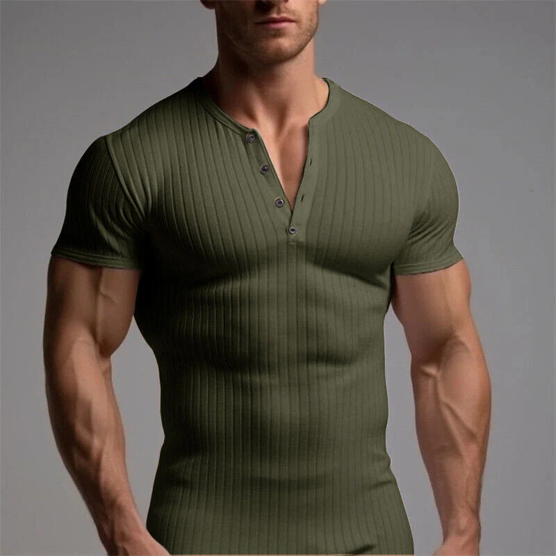New Muscle Men's Ribbed Henley Shirt Slim Fitted Cotton Short Casual T-Shirt - image 4 of 4