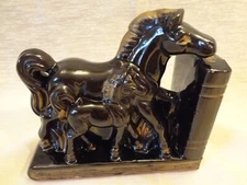 VINTAGE (SINGLE) BOOKEND -HORSE W/ BABY- BROWN GLAZE W/ GOLD ACCENTS - JAPAN