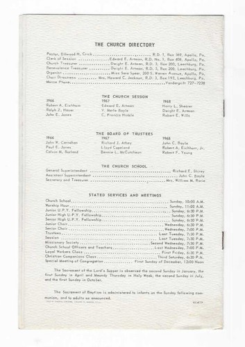 Pine Run United Presbyterian Church Apollo Pennsylvania Nov 1966 Weekly Bulletin - Picture 5 of 5
