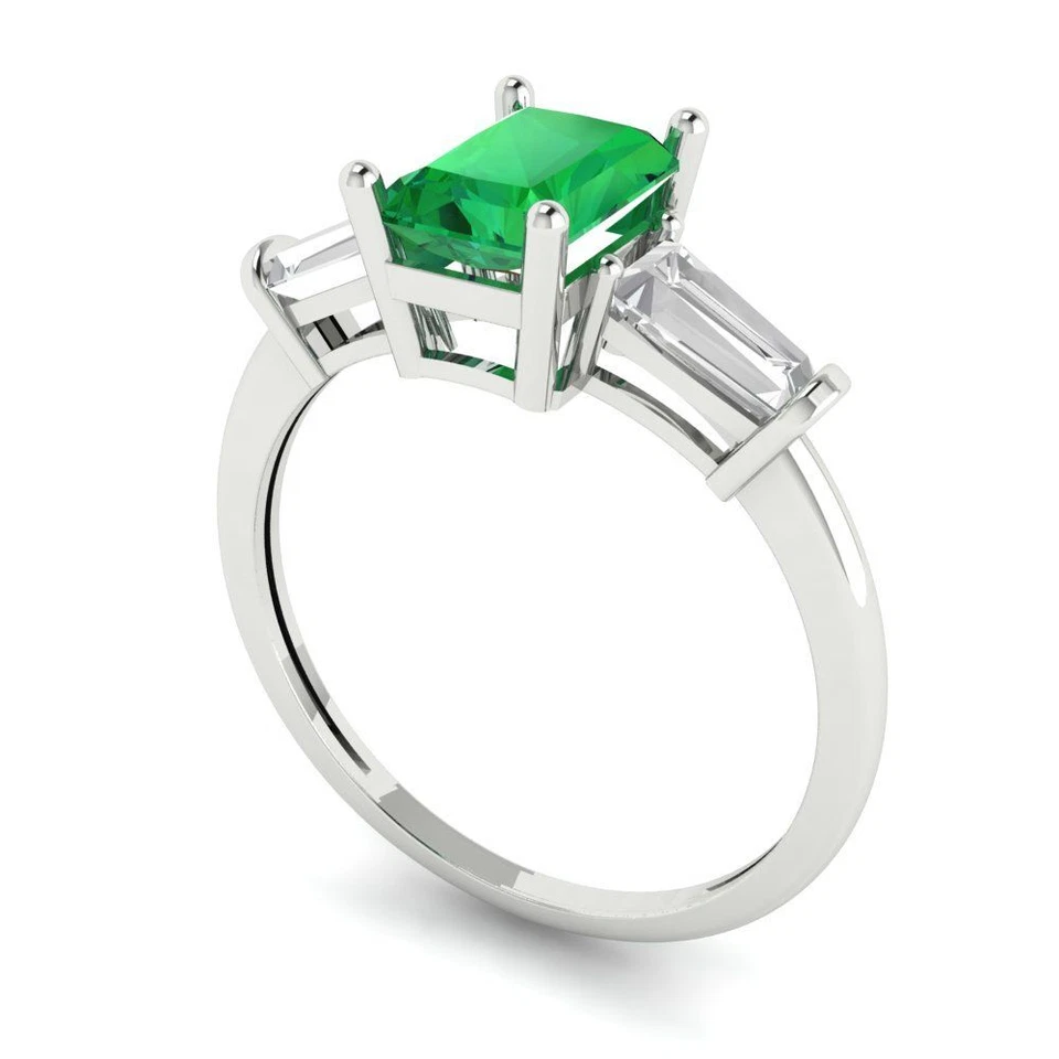 1.5 tcw Emerald Vintage Engagement Ring, 14K White Gold Lab Created Gemstone - Image 2 of 4