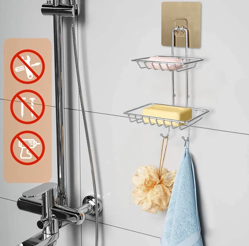 Bathroom Double Tier Soap Dish Holder Wall Mounted Stainless Steel With Hook - Picture 3 of 10