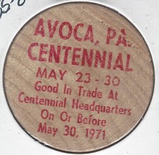 1871-1971, AVOCA, Pennsylvania Centennial, Token/Coin/Chip, RED Wooden Nickel