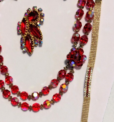 5 PC Vintage Red & Aurora Borealis AB Necklace Brooch Earrings High End +++ - 第 3/13 張圖片