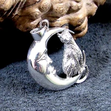 Solid 925 Sterling Silver Cat Familiar on Crescent Moon Pendant, Witchy Jewelry
