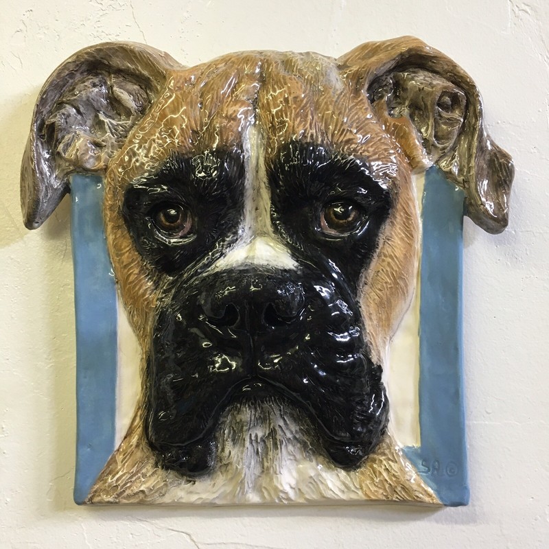 Boxer Dog Ceramic Portrait 3D Tile wall hanging handmade sculpture Alexander Art