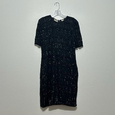 Scala Milano Paris LA Black Beaded Short Sleeve Dress 100% Silk Womens Size L