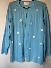 Vtg. Quacker Factory SweaterLt Blue Embroidered Daisy Cardigan Women s Size Med