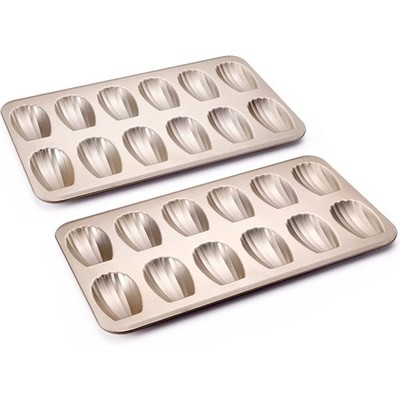 HONGBAKE Nonstick Madeleine Pan 2 Pack 12-Cavity Heavy 2 pack, Champagne Gold