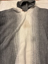 Handmade Alpaca Wool Hooded Poncho Unisex Striped Grey and White