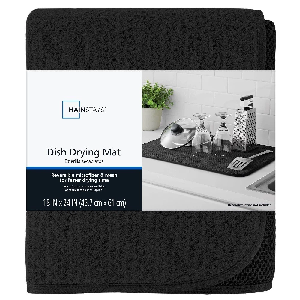 Microfiber Dish Drying Mat, Reversible Quick-Dry Kitchen Countertop Mat, Black