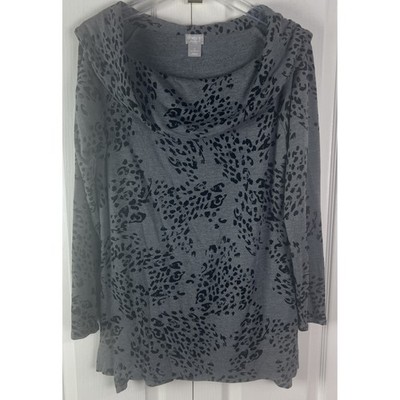 Chico's Zenergy Cowl Neck Tunic Women 0 (4-6) Gray Black Animal Print LS Top E29