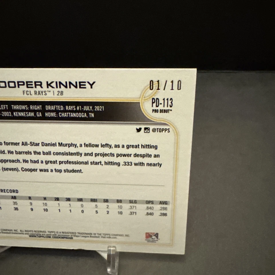 2022 Topps PRO-DEBUT RED BOARDER 01/10 #PD-113 Cooper Kinney Rays VG/EX - Image 3 of 3