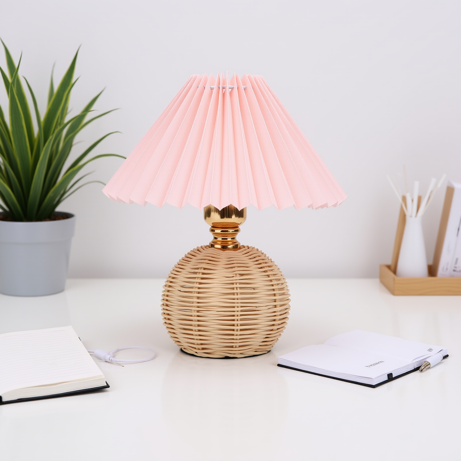 Pleated Table Lamp Soft Yellow Light Linen Lampshade Rattan Base Bedside Lamp Fo