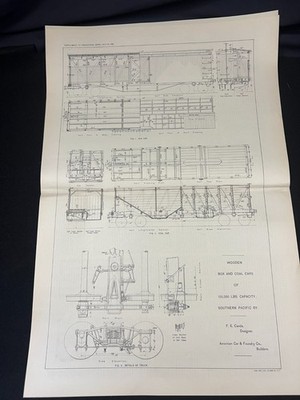 1900 Antique Industrial Drawing Wooden Box and Coal Cars Southern Pacific RY.