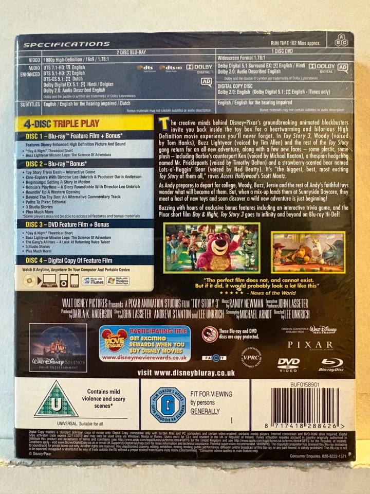 Disney's Toy Story 3 With Tom Hanks 2010 4 Disc Blu-Ray & DVD U New Sealed 682G - Image 2 of 3