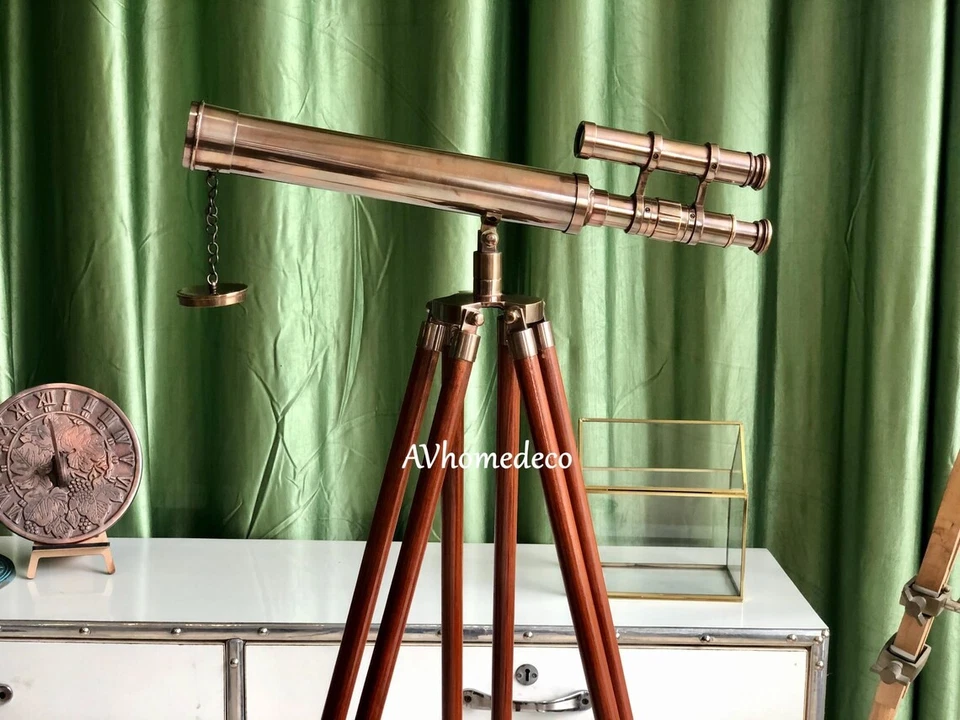 Floor Standing Brass Telescope Adjustable Tripod Wooden Stand Fully Functional - Image 3 of 4